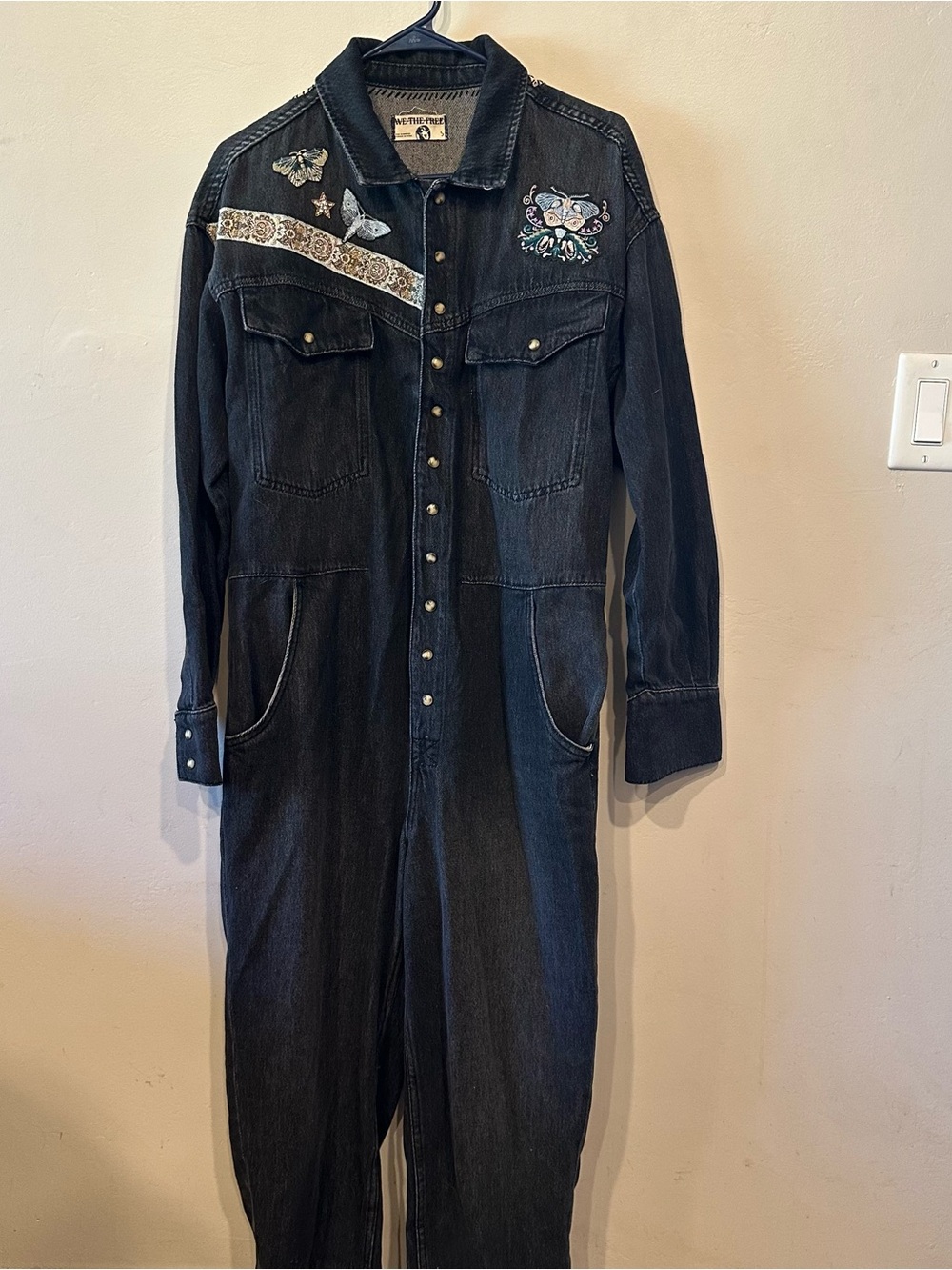 We The Free Black Denim Embroidered Tiger Jumpsuit Button Front Pockets S